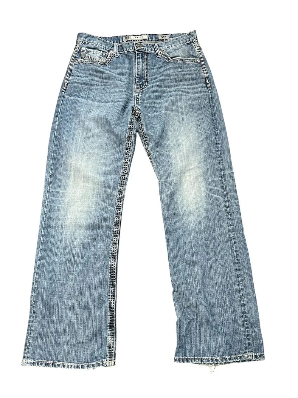 BKE Tyler Straight Leg Jeans 34R Light Wash Whiskered Distressed Y2K Denim